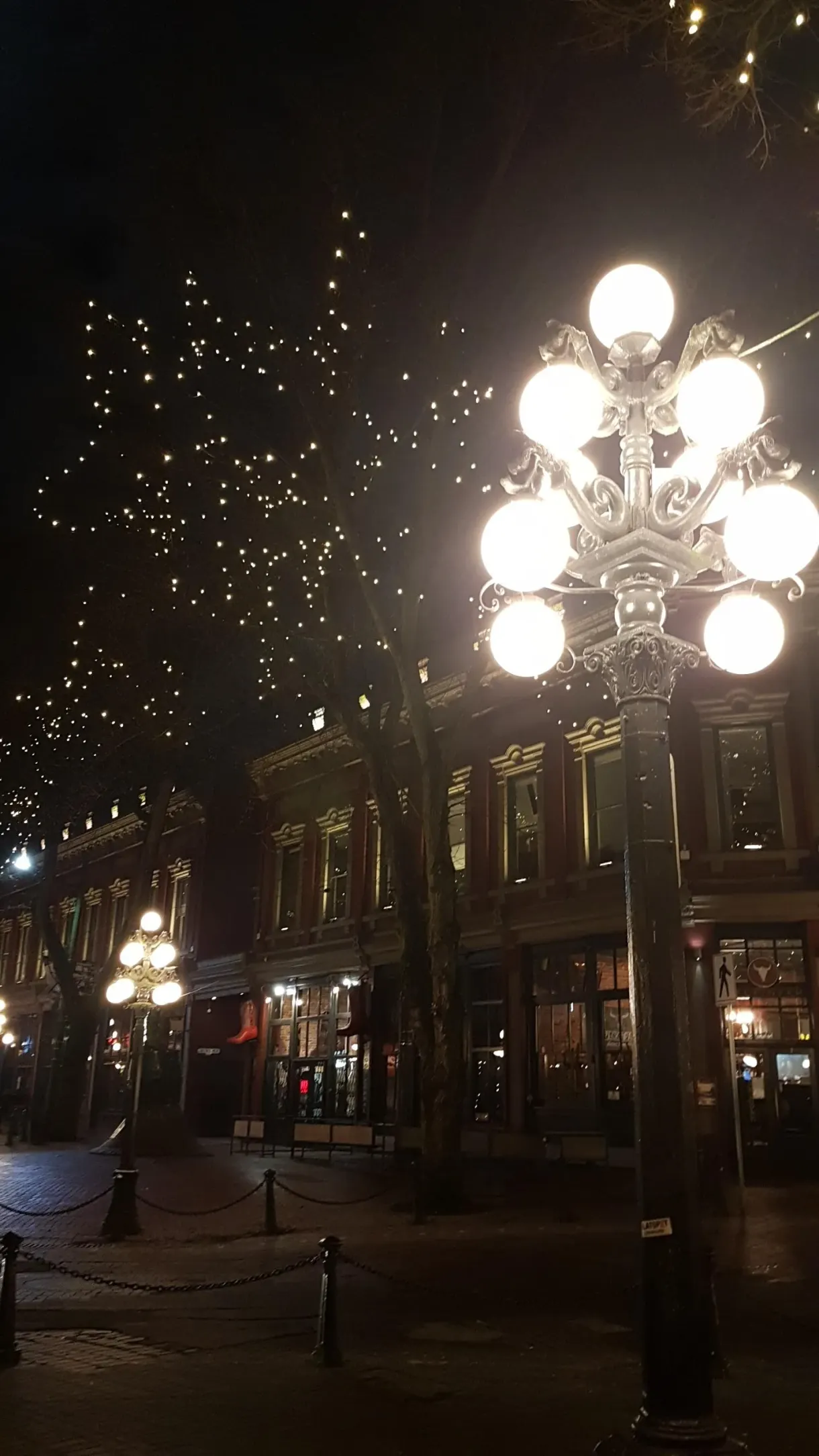 Lampadaire allumé et guirlandes lumineuses à la nuit tombée