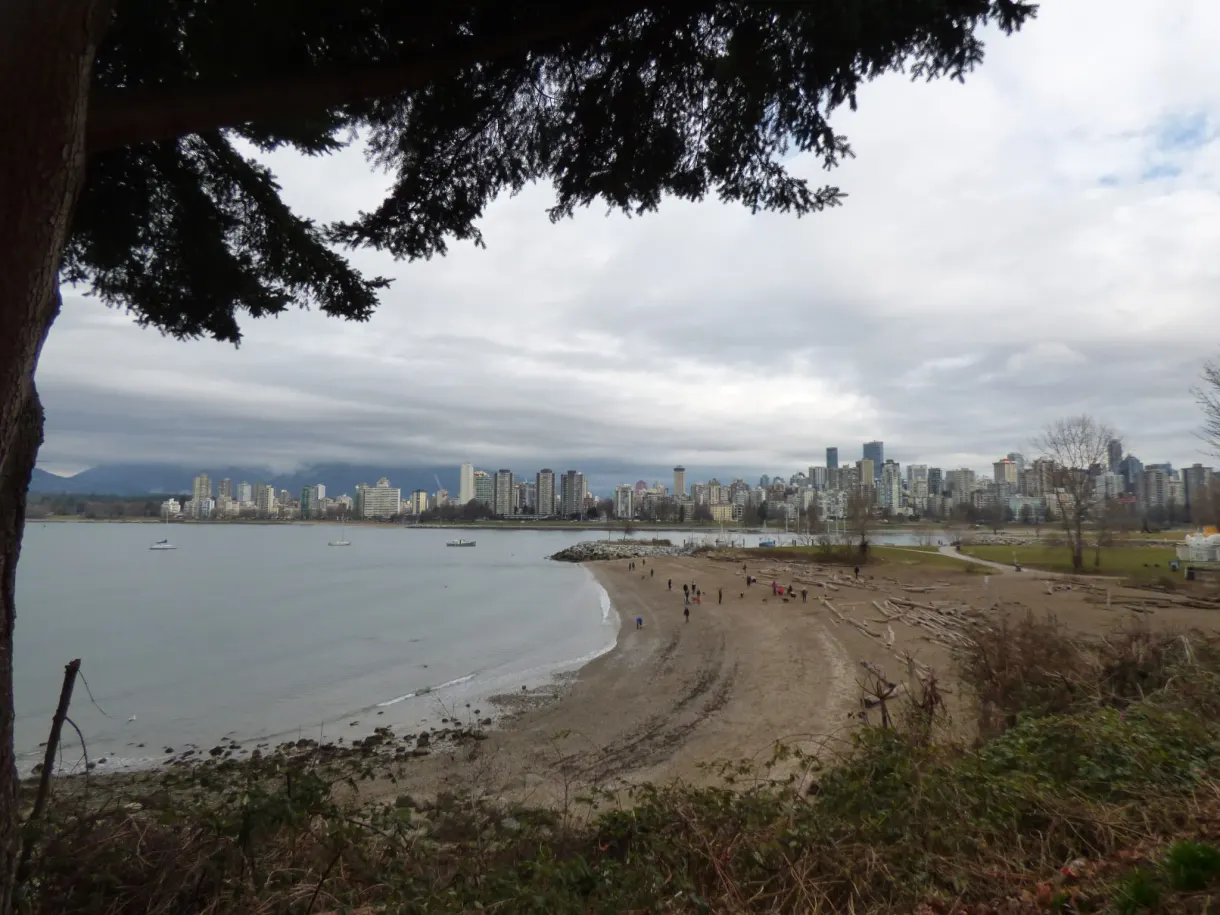 Plage en arc de cercle face aux gratte-ciel lointains