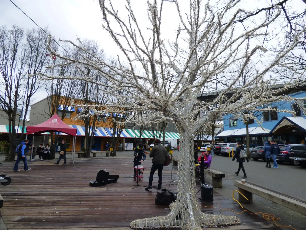 Esplanade de bois, arbre peint en blanc et stands colorés
