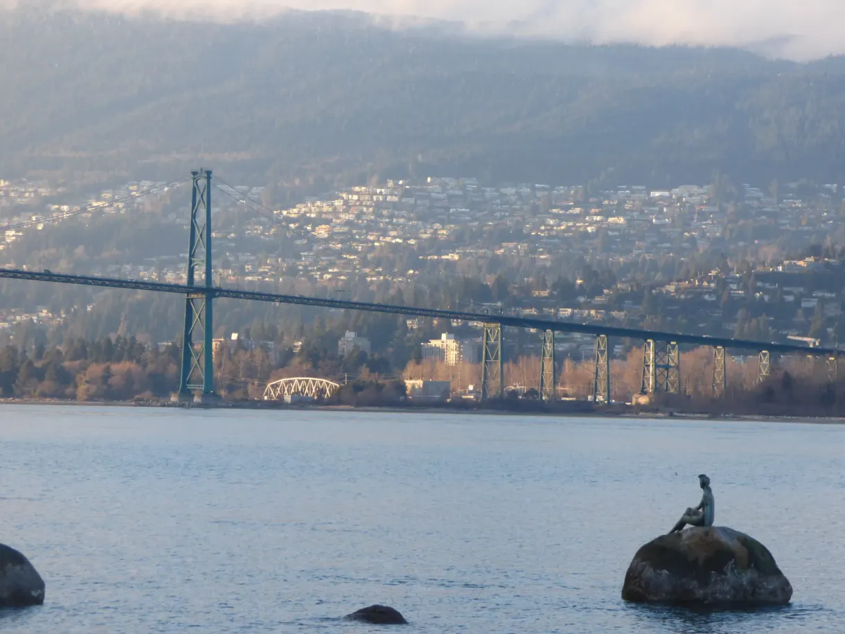 Statue posée sur un rocher devant le pont suspendu