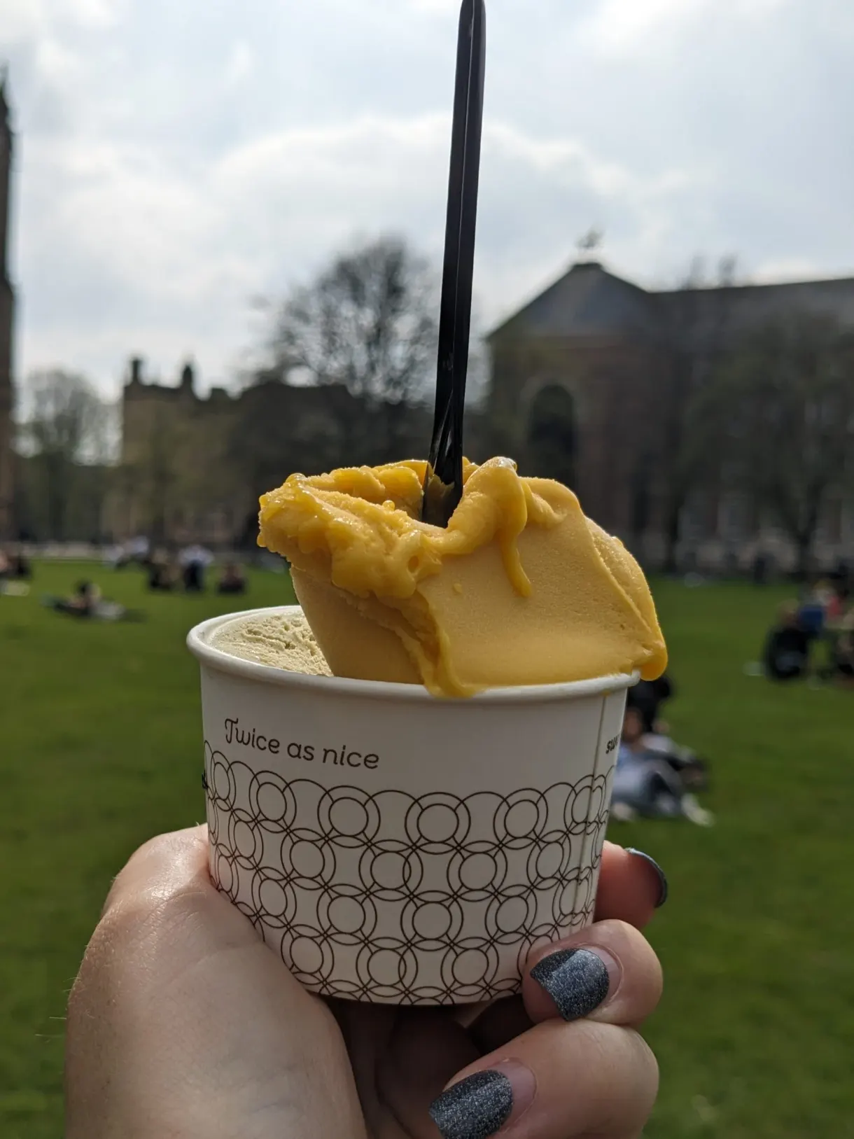 Pot de glace tenu devant une pelouse et un pavillon de pierre