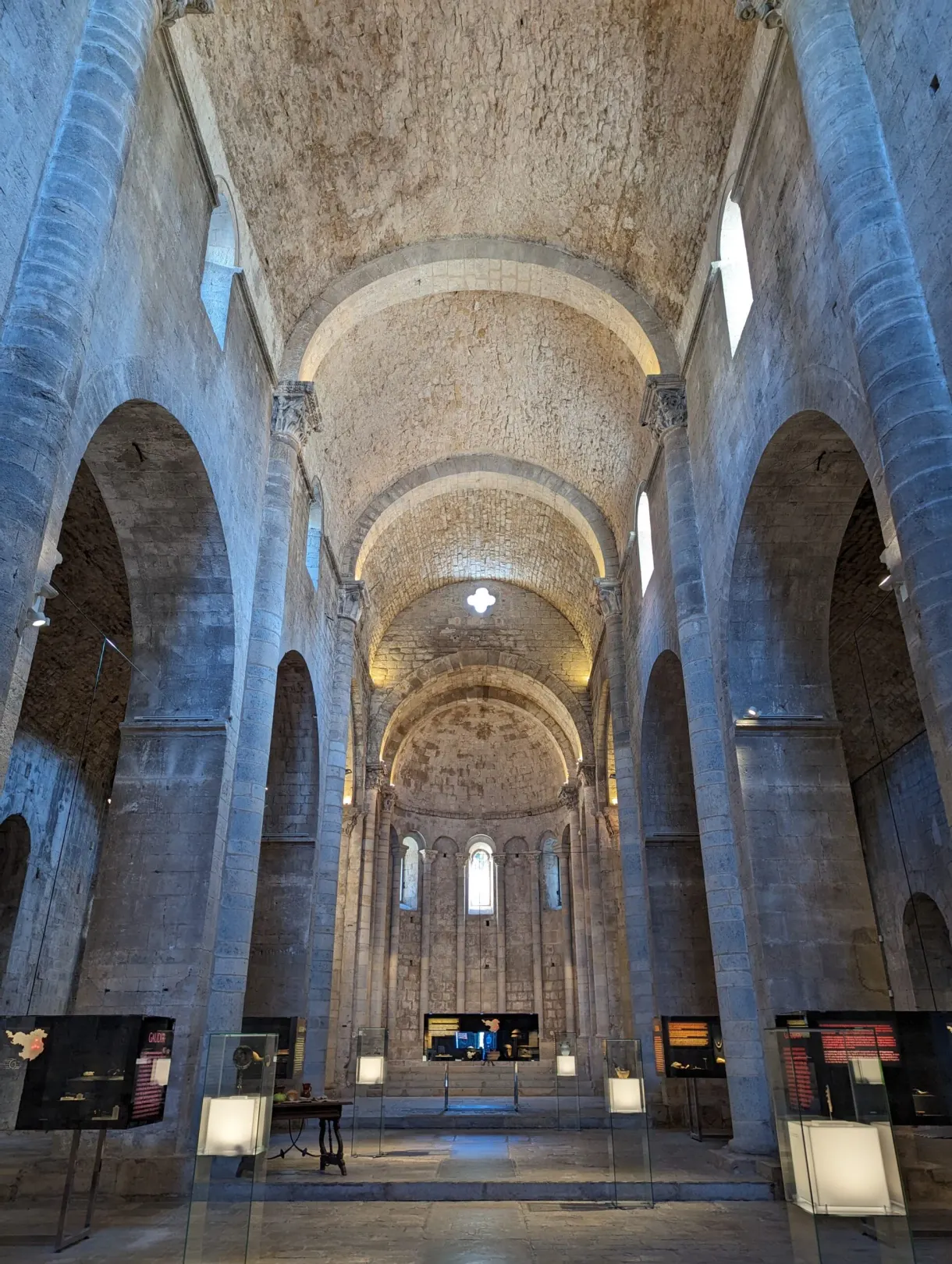 Nef romane transformée en salle d'exposition, vitrines entre les piliers