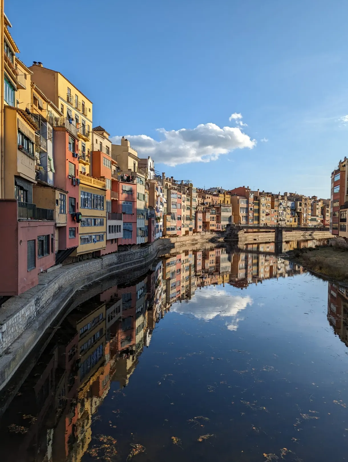 Alignement de maisons au bord de l'Onyar sous un nuage isolé