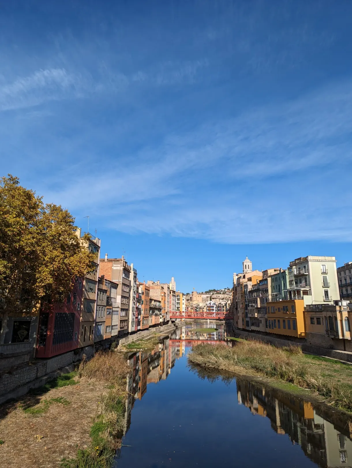 Rivière bordée de platanes aux feuilles rousses, pont rouge au fond