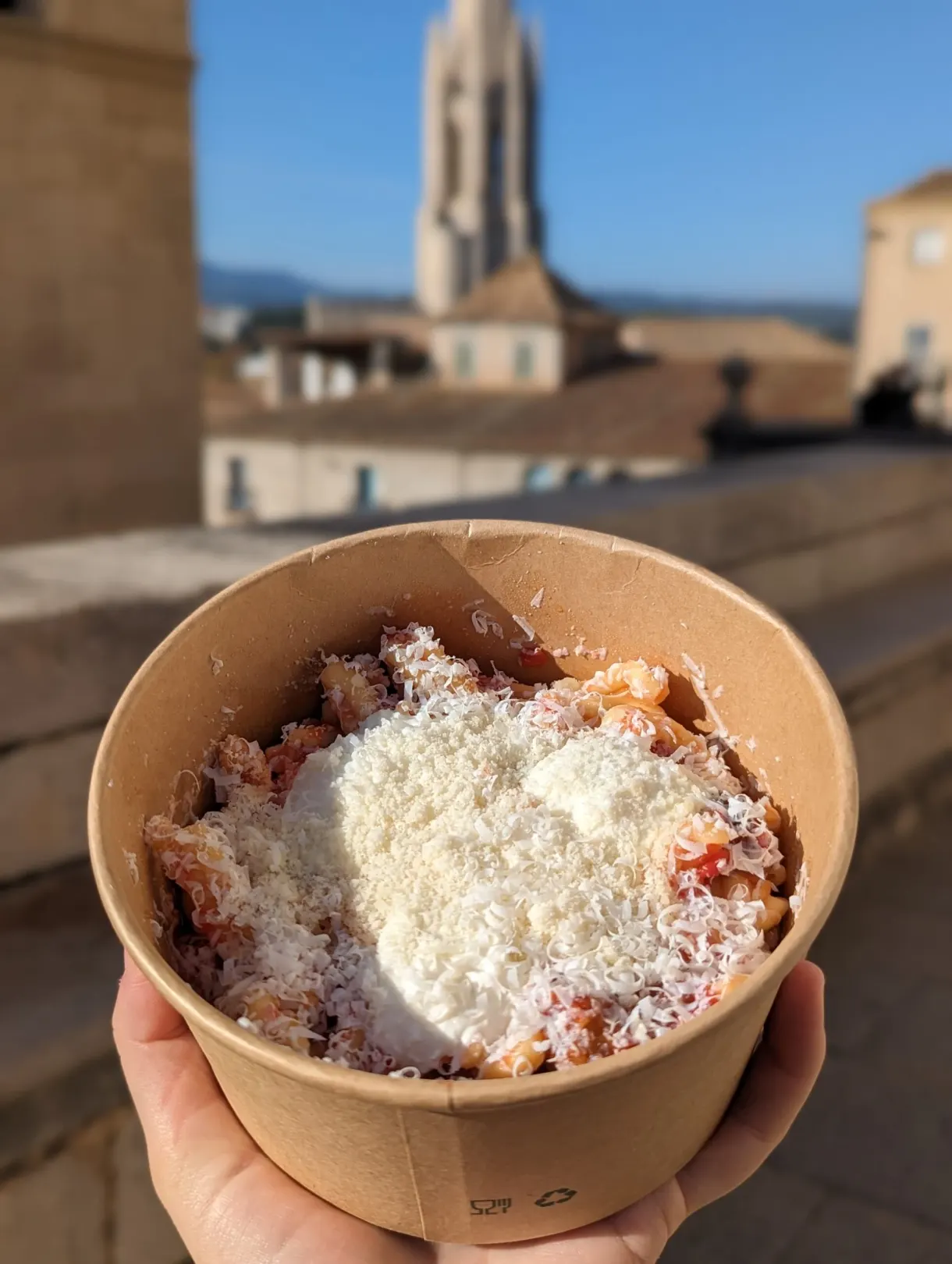 Barquette de pâtes couvertes de fromage râpé tenue devant les toits