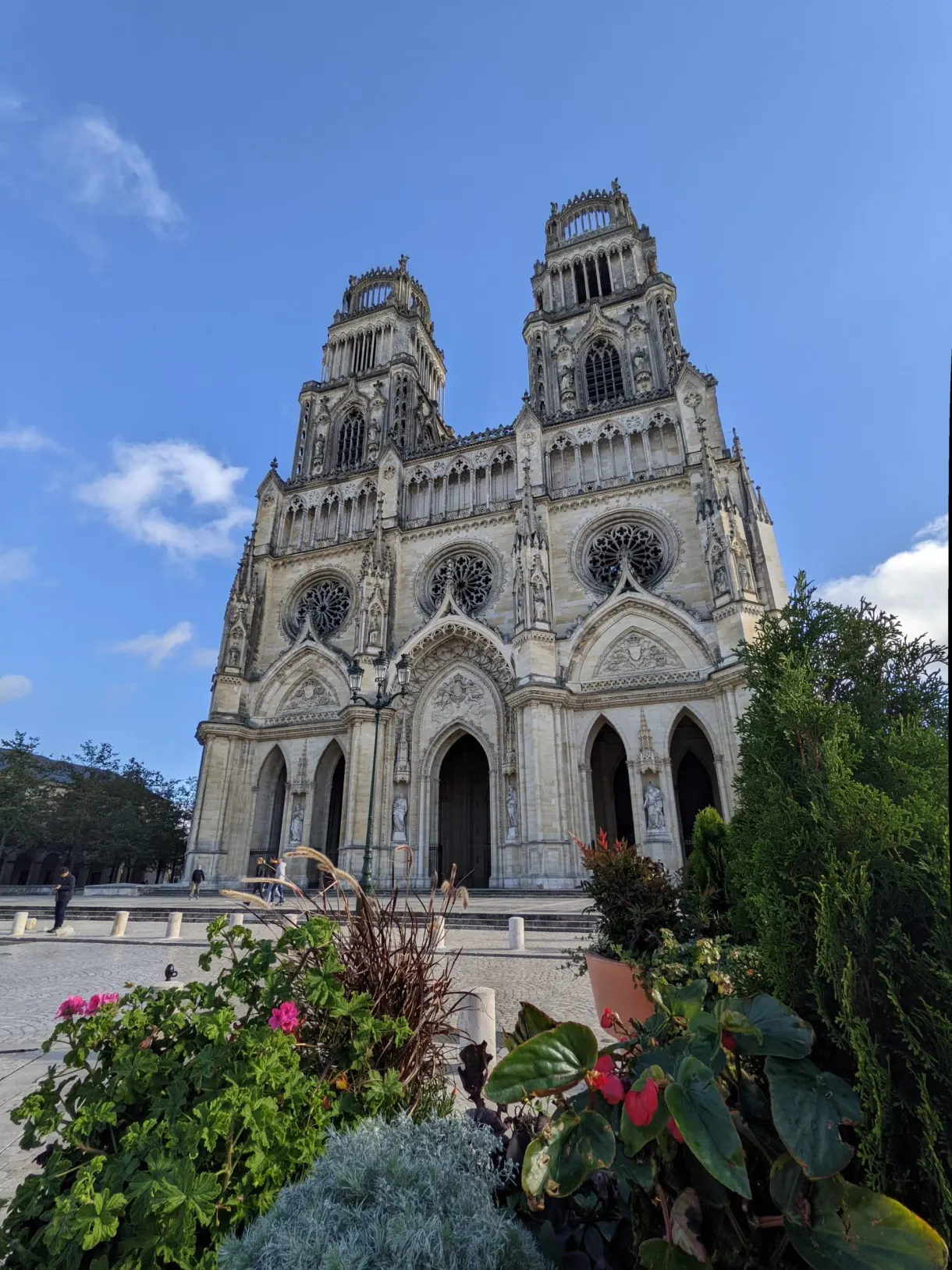 Massifs fleuris au premier plan des deux tours de la cathédrale