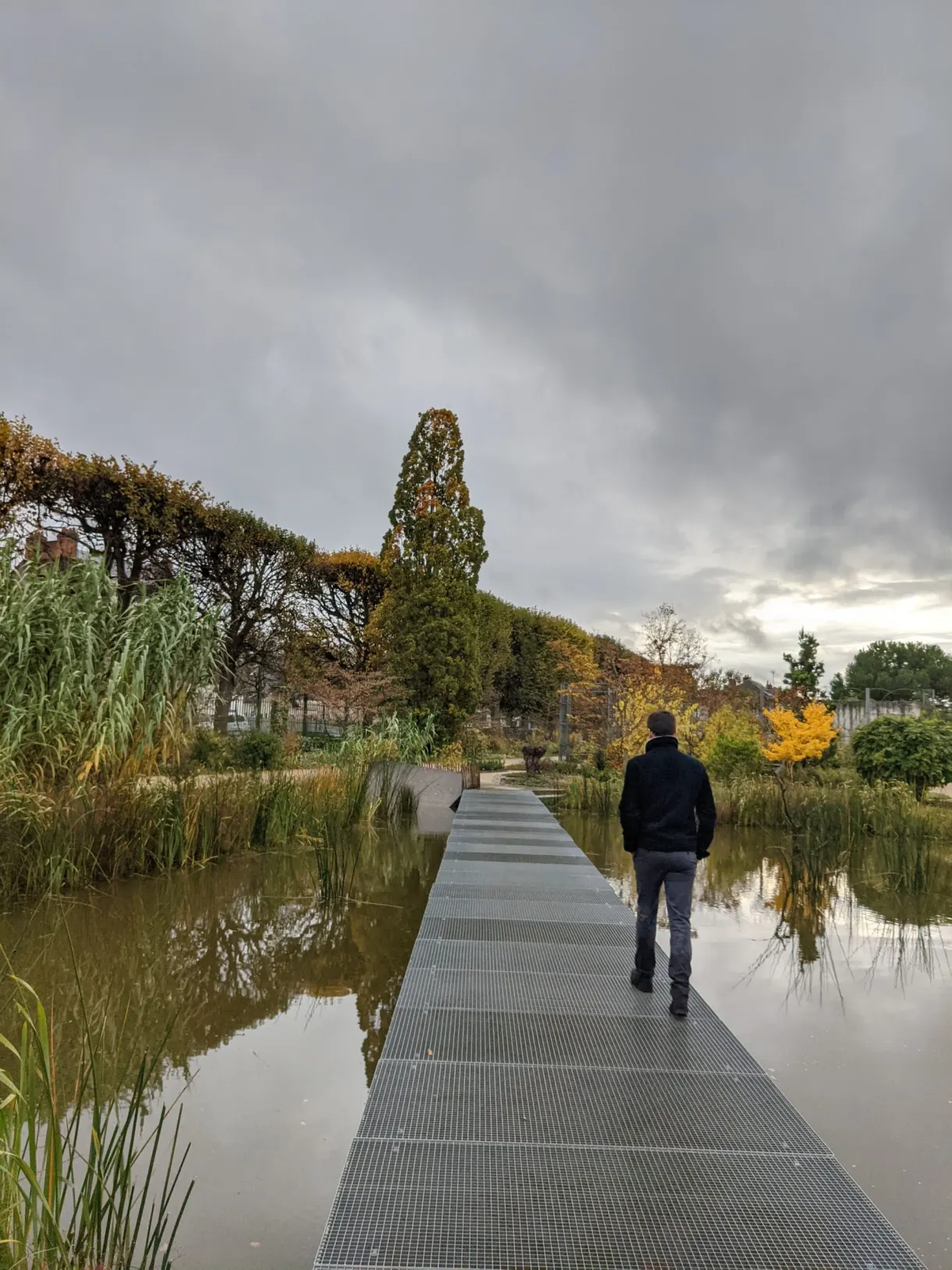 Passerelle de bois traversant un étang du jardin