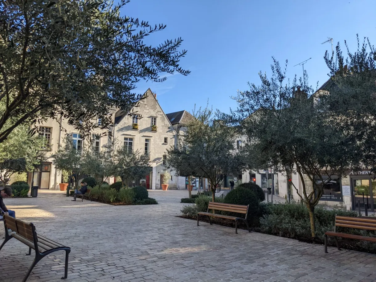 Placette pavée bordée de bancs et d'arbustes taillés