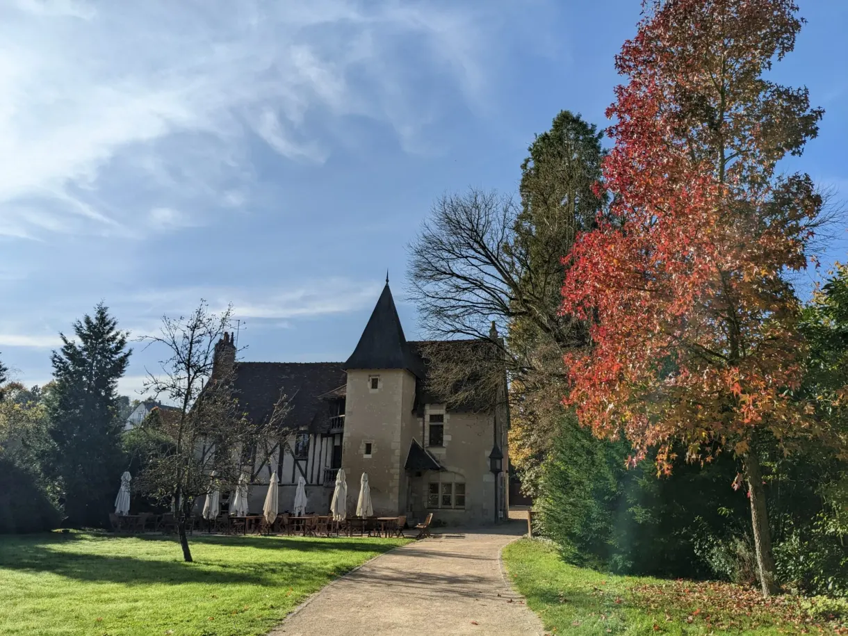 Manoir à tourelle du Clos Lucé et son érable rouge