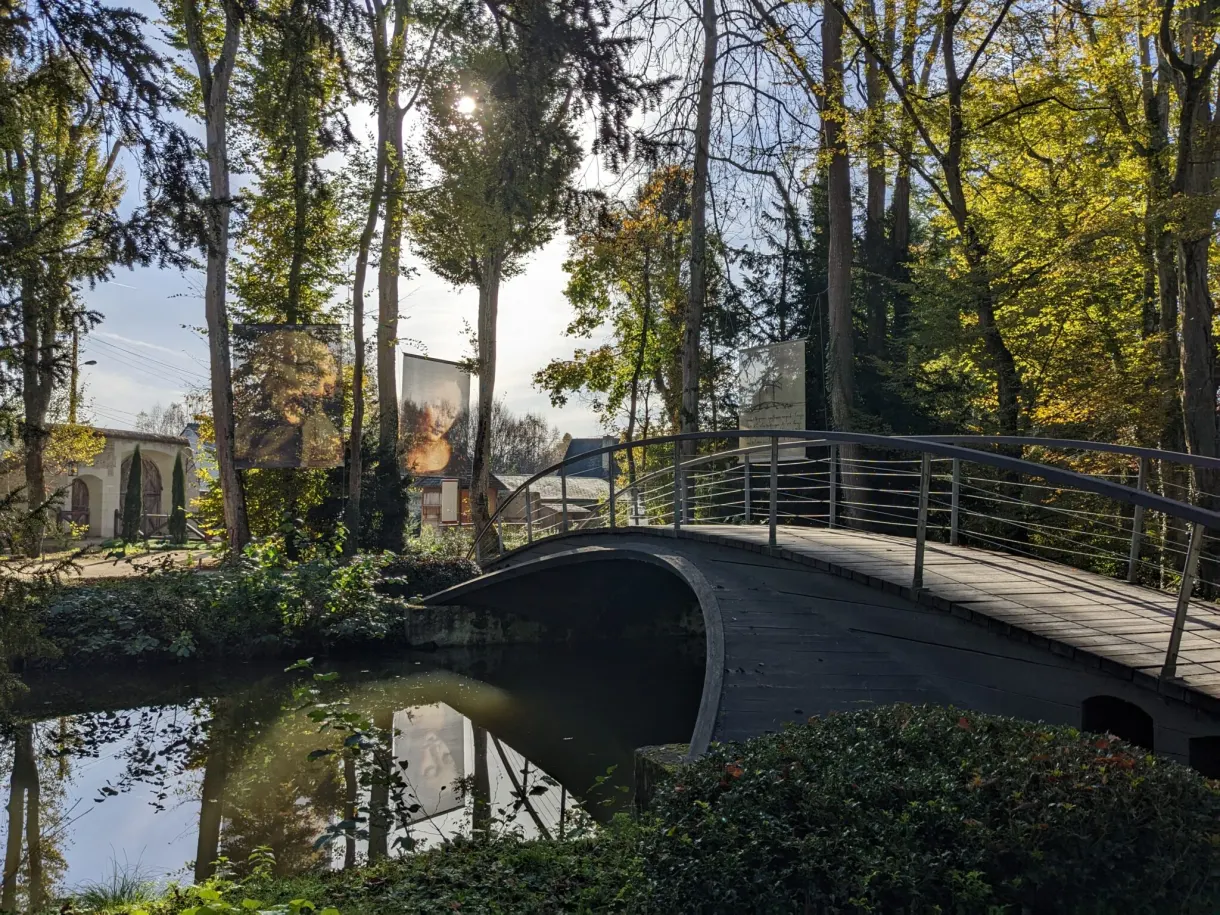 Pont de bois arqué se reflétant dans l'étang du parc