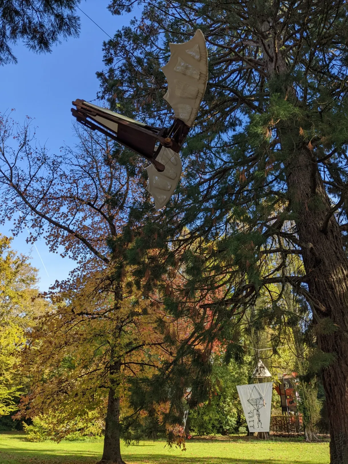 Aile volante de Vinci accrochée dans les branches d'un arbre