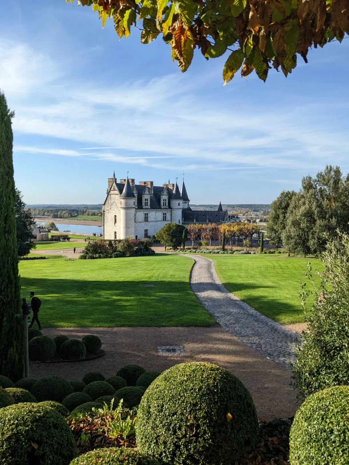 Château blanc d'Amboise au bout d'une pelouse bordée de buis
