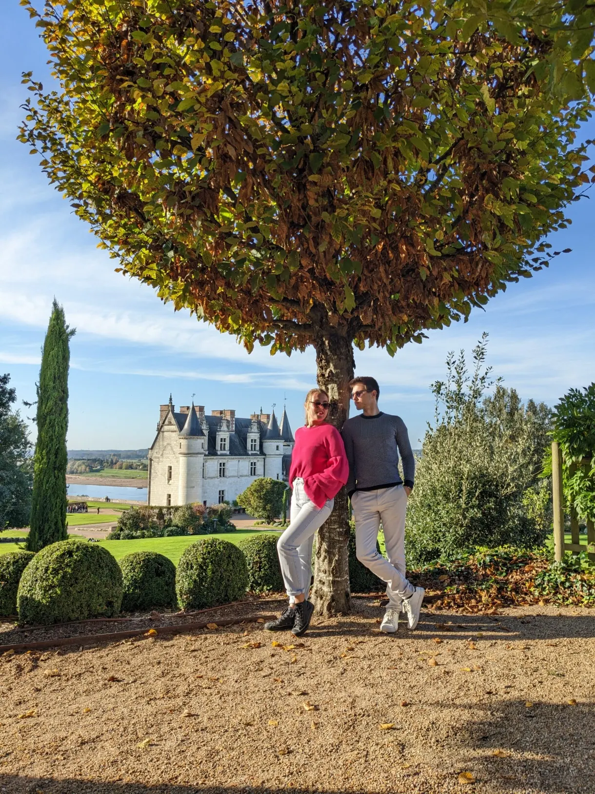 Couple appuyé à un arbre, château et Loire en fond