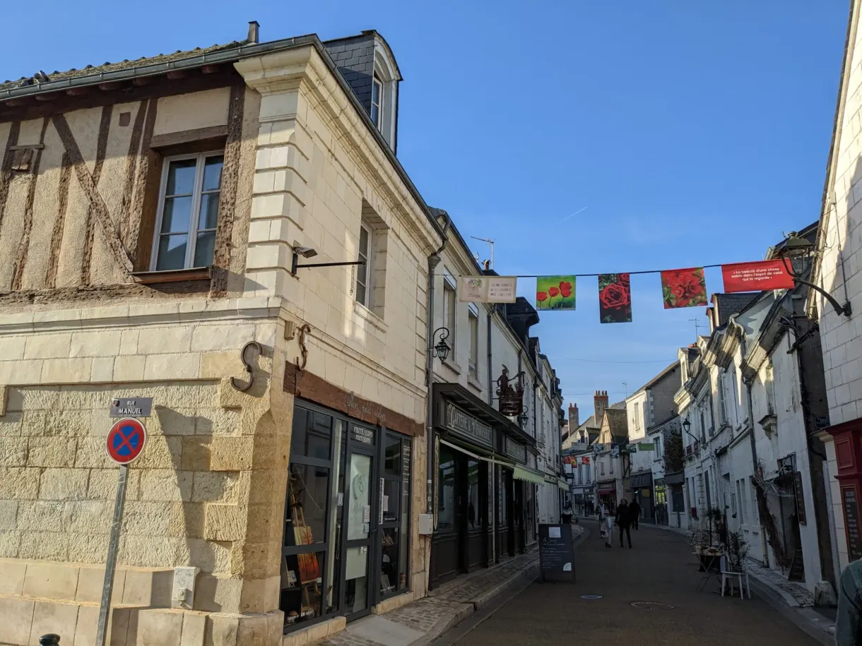 Rue commerçante d'Amboise pavoisée de guirlandes de fanions