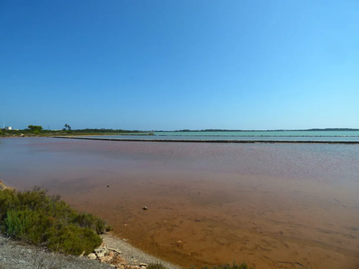 Lagune brune des salines fermée par un cordon de sable