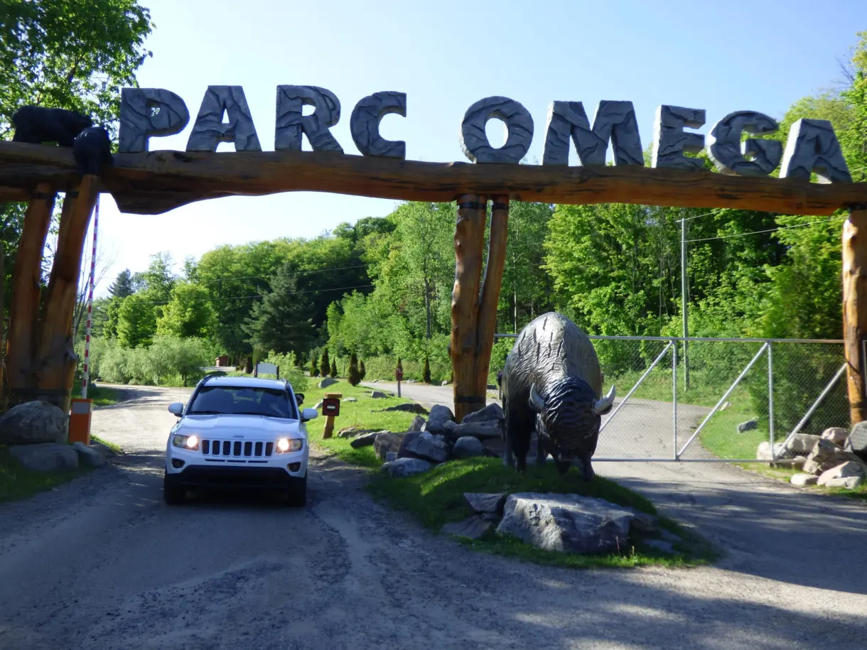 Portail de bois du Parc Omega enjambant la route
