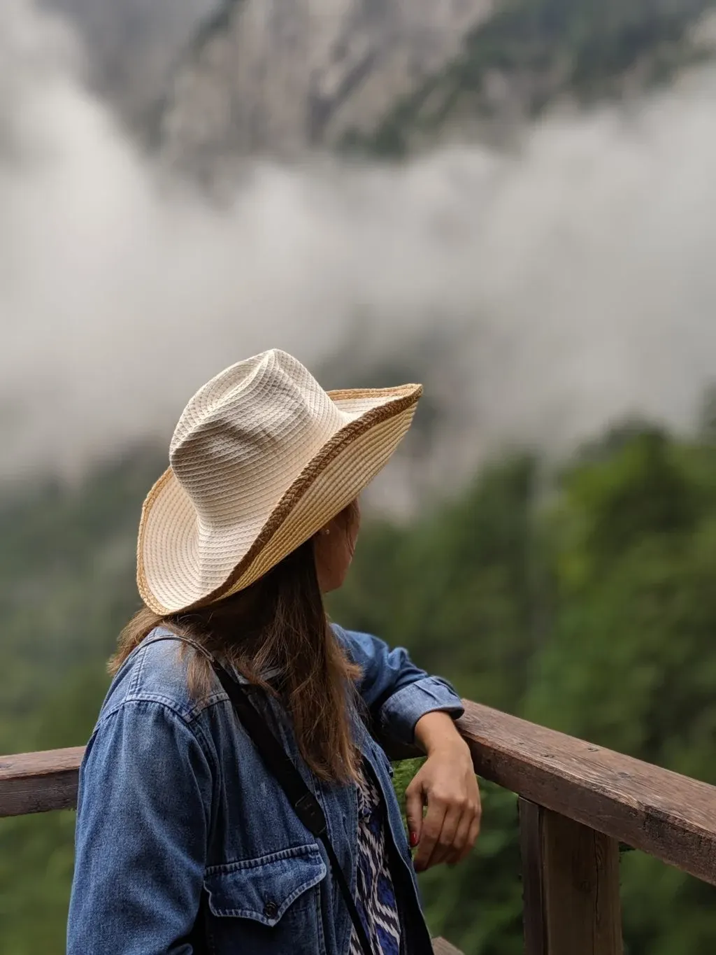 Chapeau de paille et veste en jean face à la brume