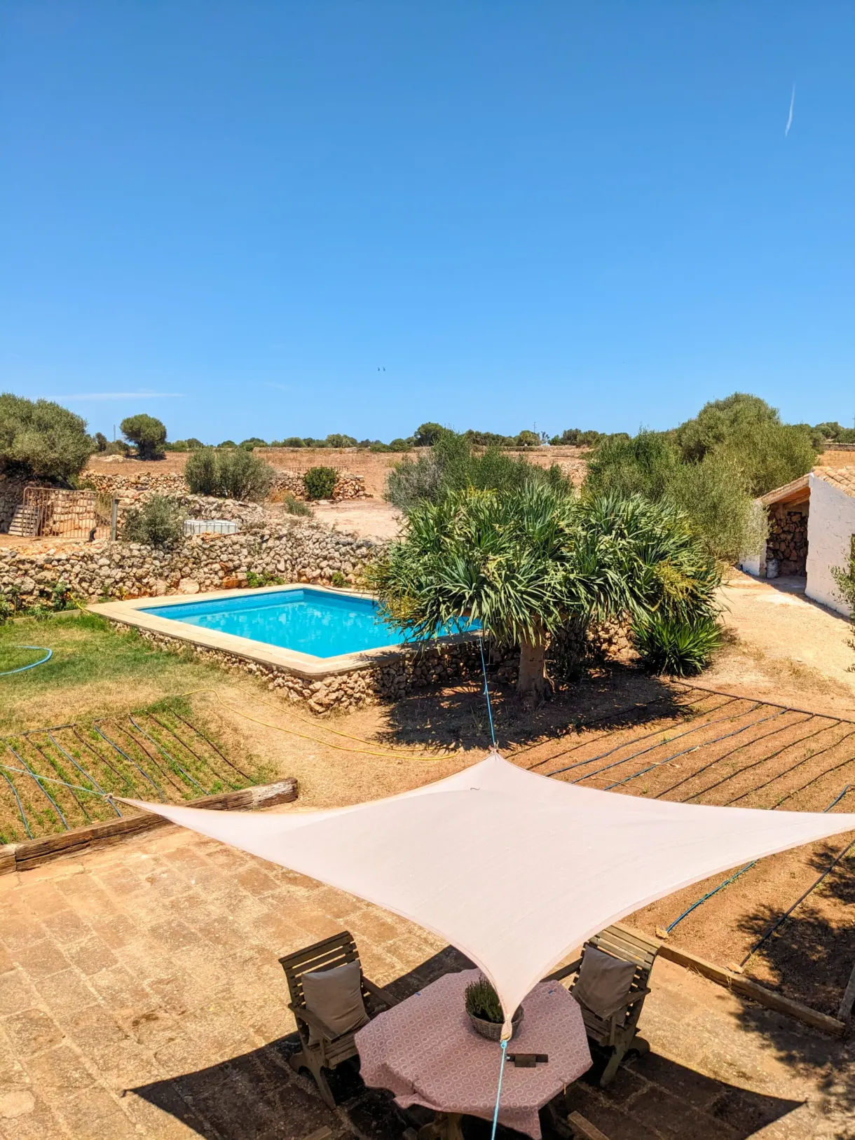 Jardin d'une maison avec piscine et voile d'ombrage