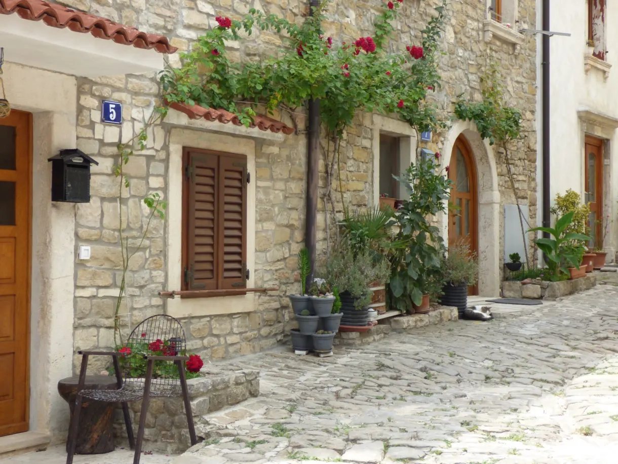 Maison de pierre aux volets bruns et pots de fleurs, ruelle de Buje