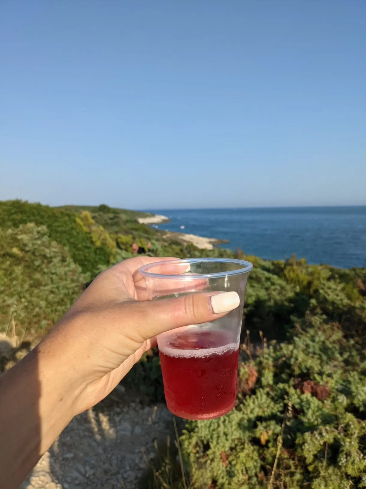 Gobelet de boisson rouge tenu à bout de bras face à la mer