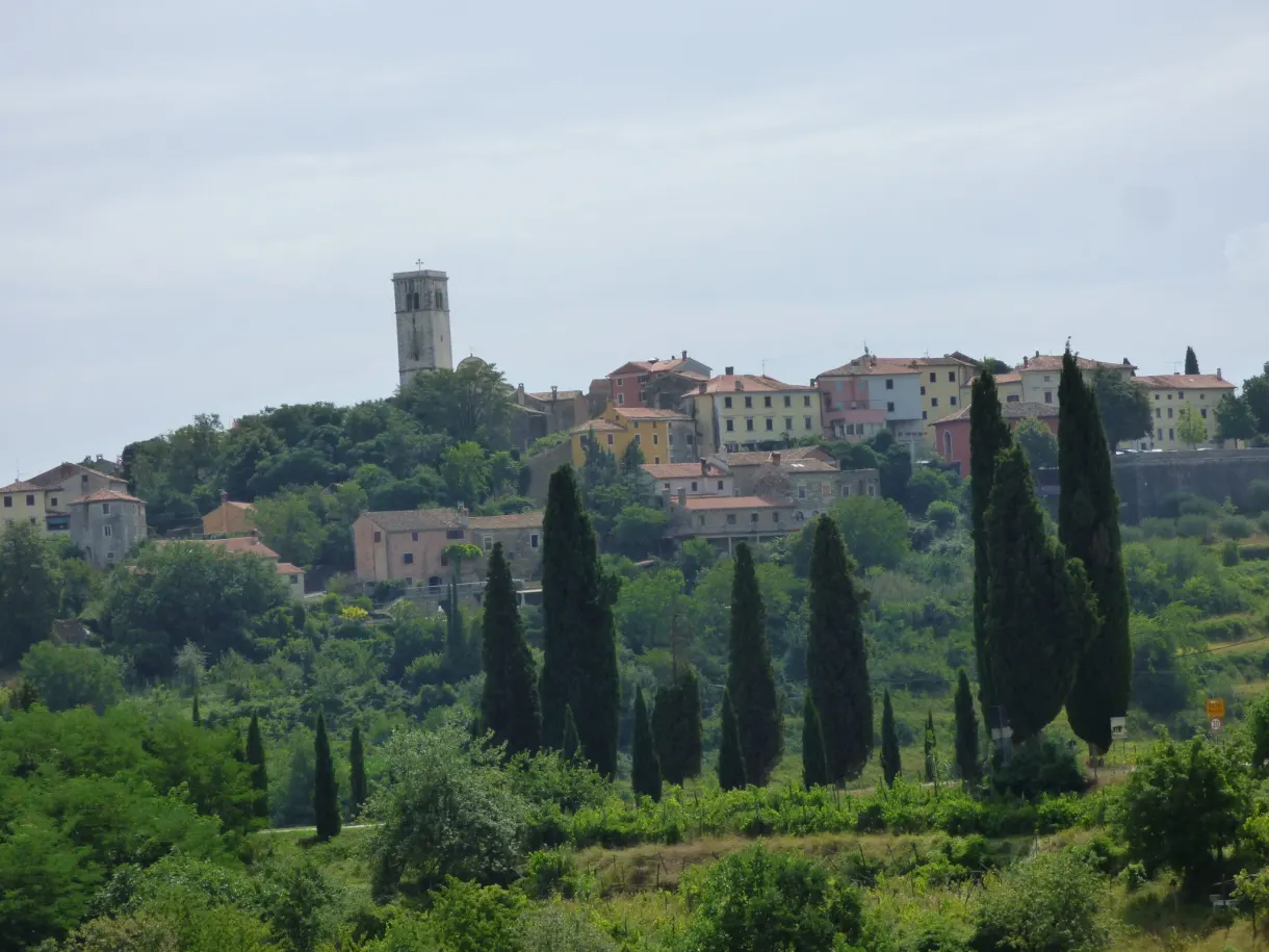 Village perché d'Oprtalj et son clocher au-dessus des cyprès