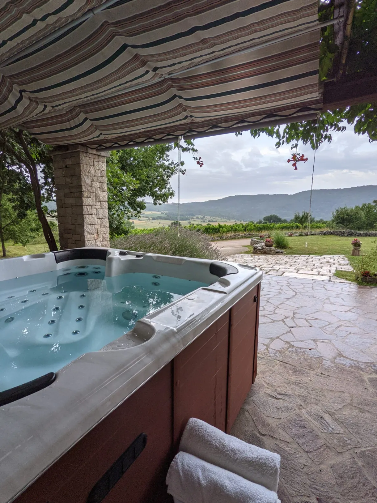 Bain à remous installé sous une pergola face aux vignes