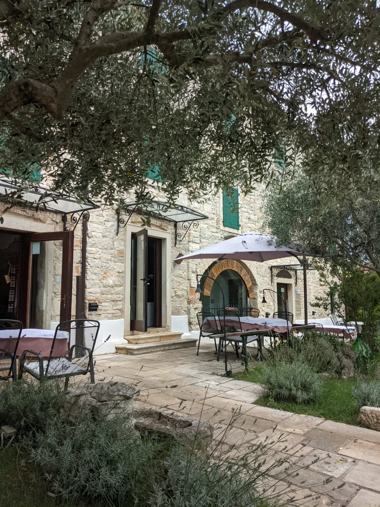 Terrasse meublée devant une maison de pierre ombragée par un olivier