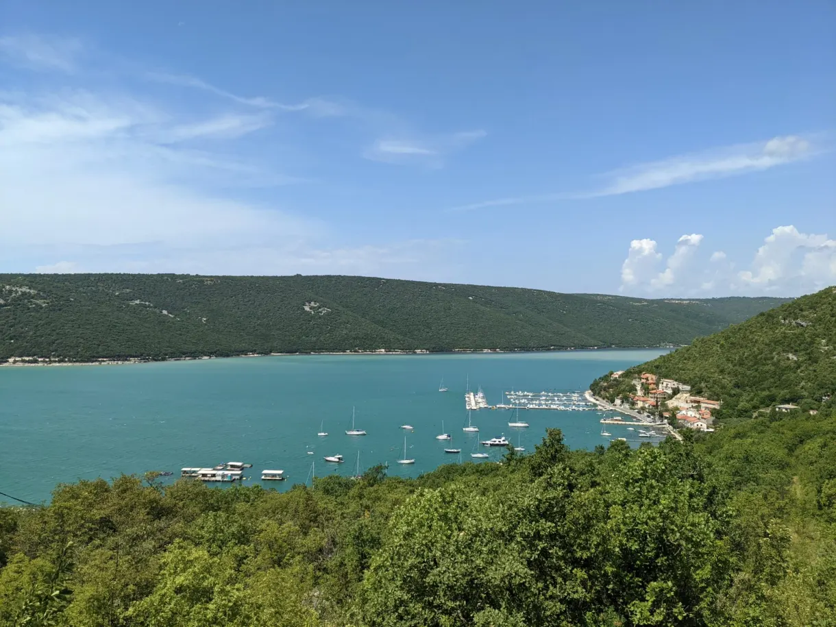 Baie de Trget et sa marina au pied de collines entièrement boisées
