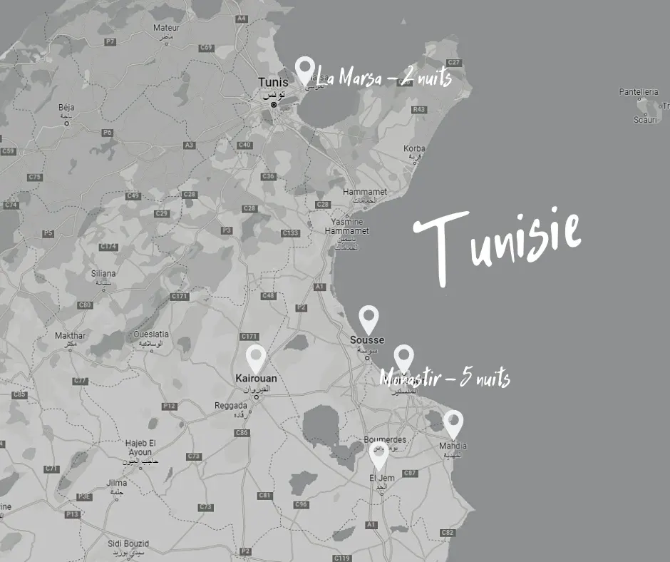 Carte de notre semaine en Tunisie : La Marsa, Monastir, Sousse, Kairouan et El Jem