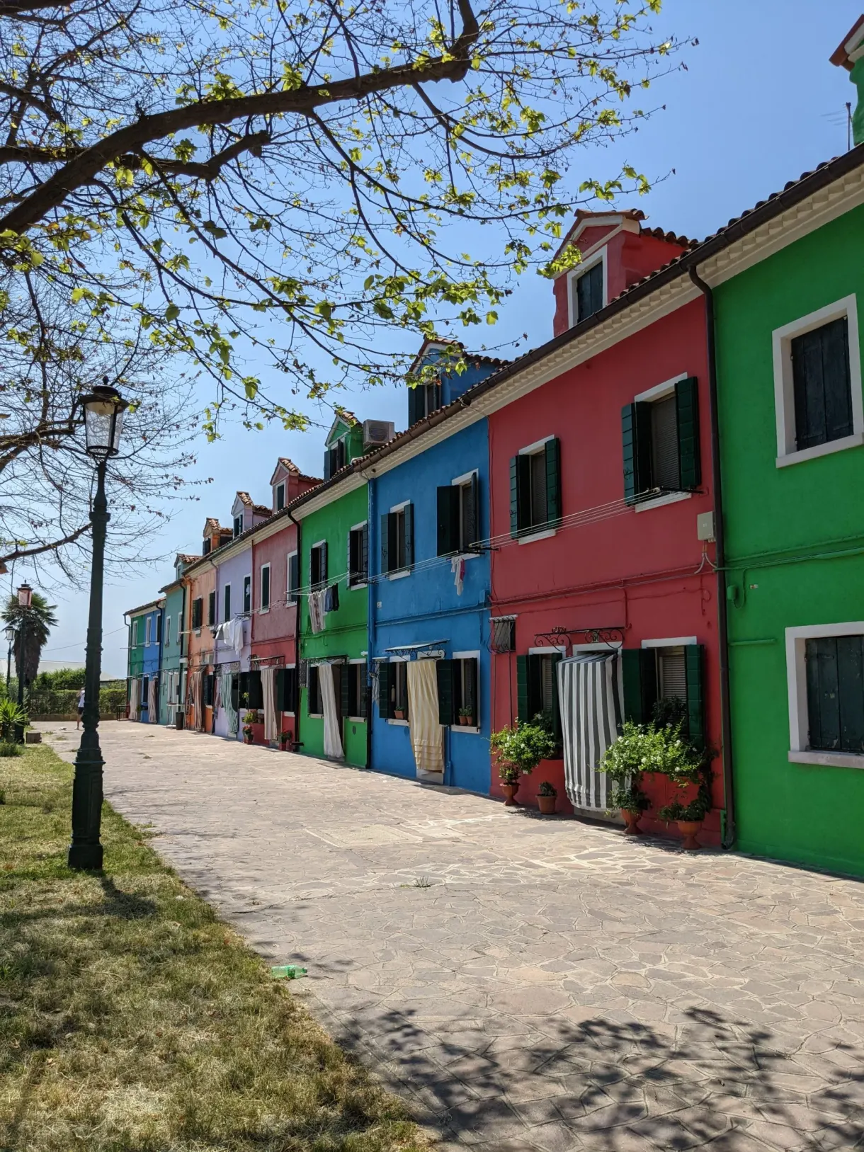 Row of blue, green and red houses along a street