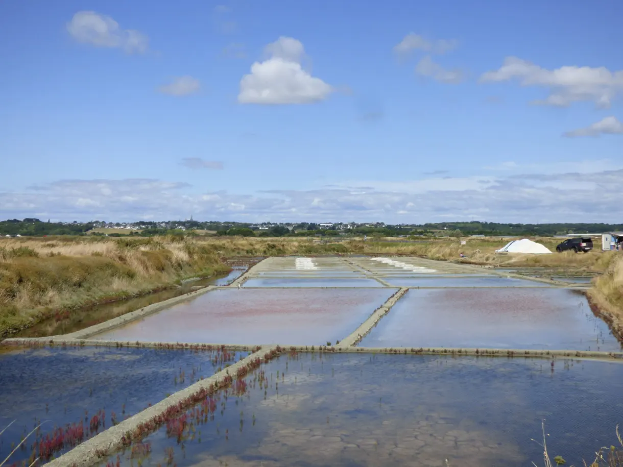 Fleecy clouds reflected in the water of the crystallising pans