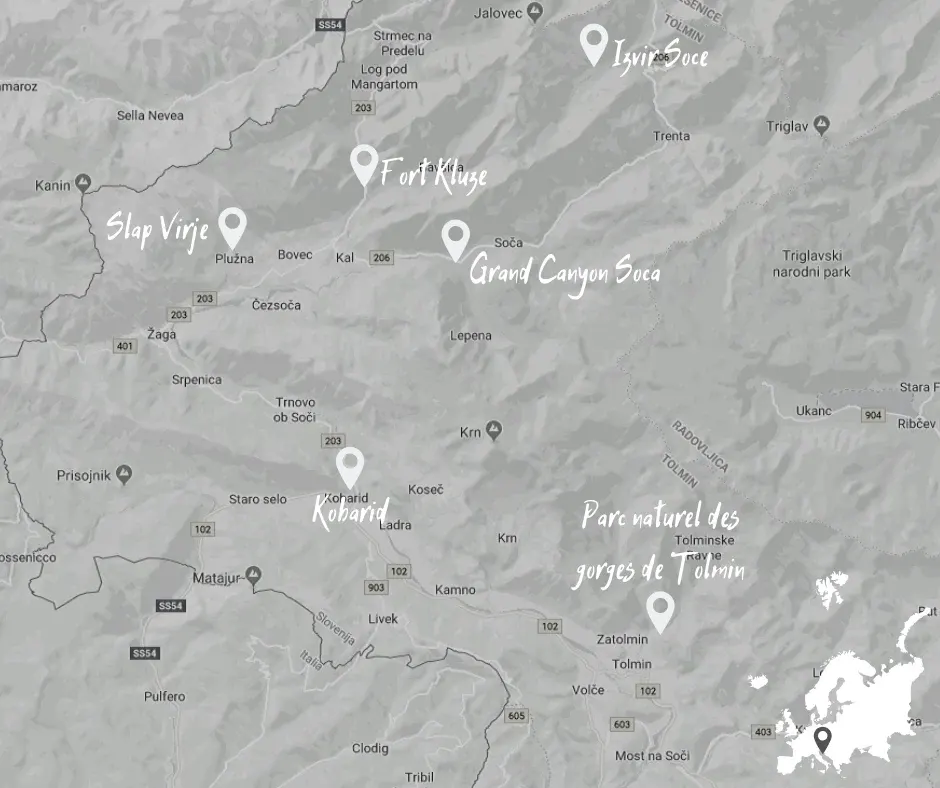 Carte de la vallée de la Soča situant ses principaux sites