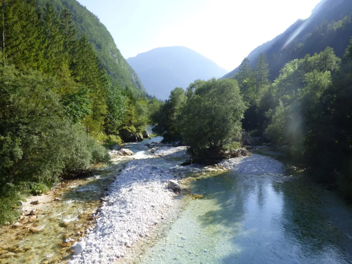 Rivière large bordée de galets blancs entre deux versants