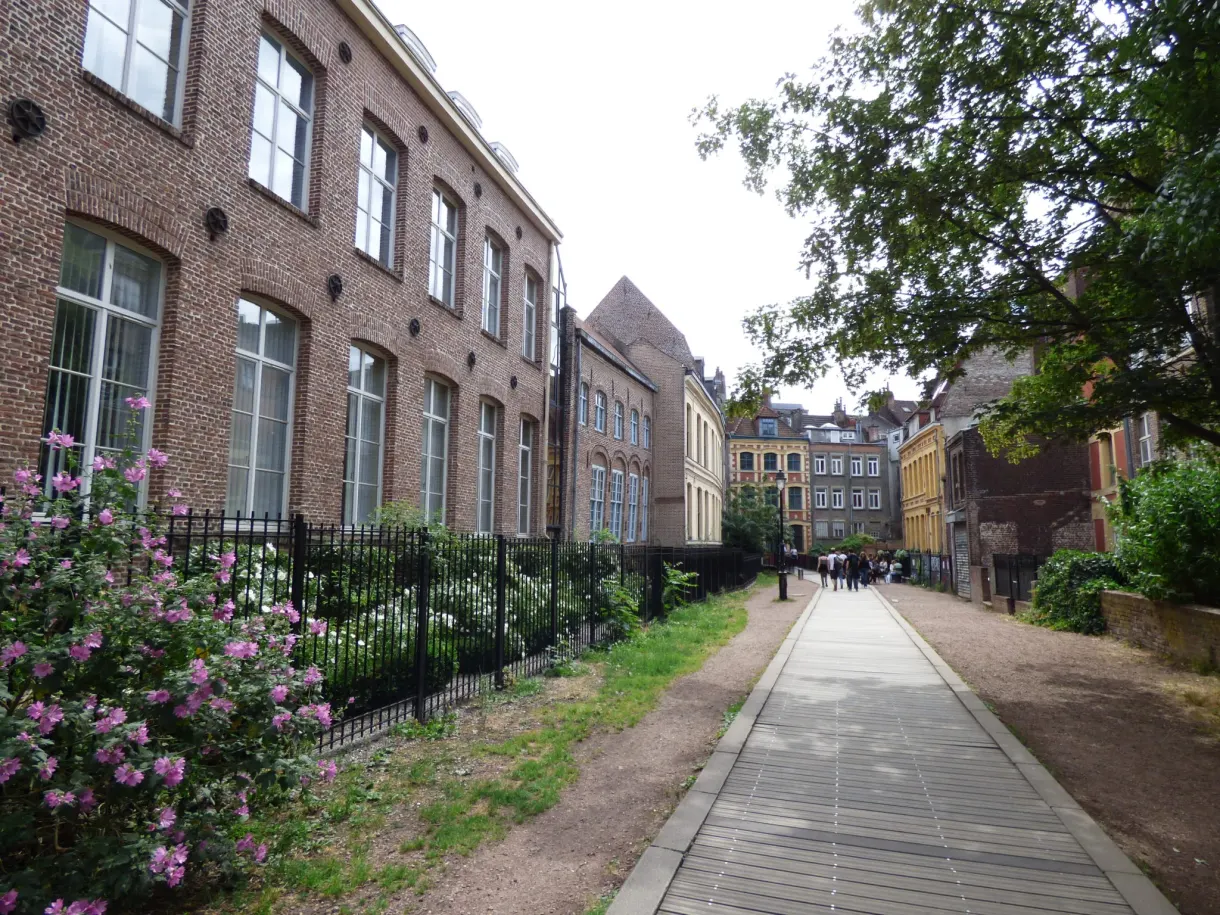 Allée piétonne longeant un long bâtiment et des fleurs roses