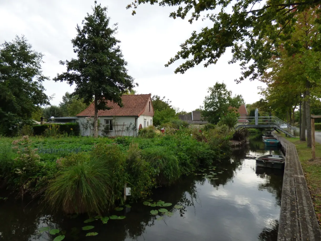 Cabane de jardin et roselières au bord d'un canal des hortillonnages