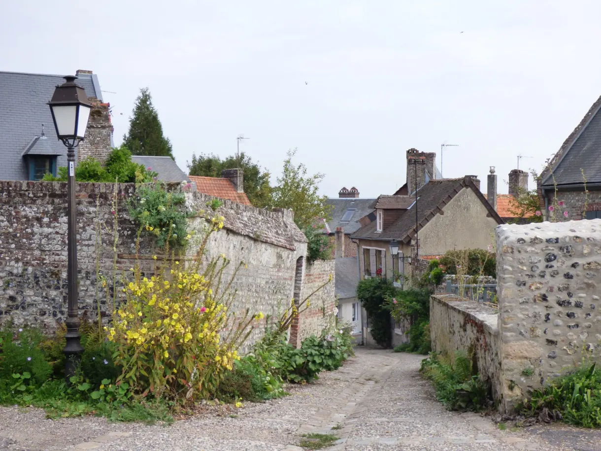 Ruelle pavée entre murs de pierre et jardins débordants