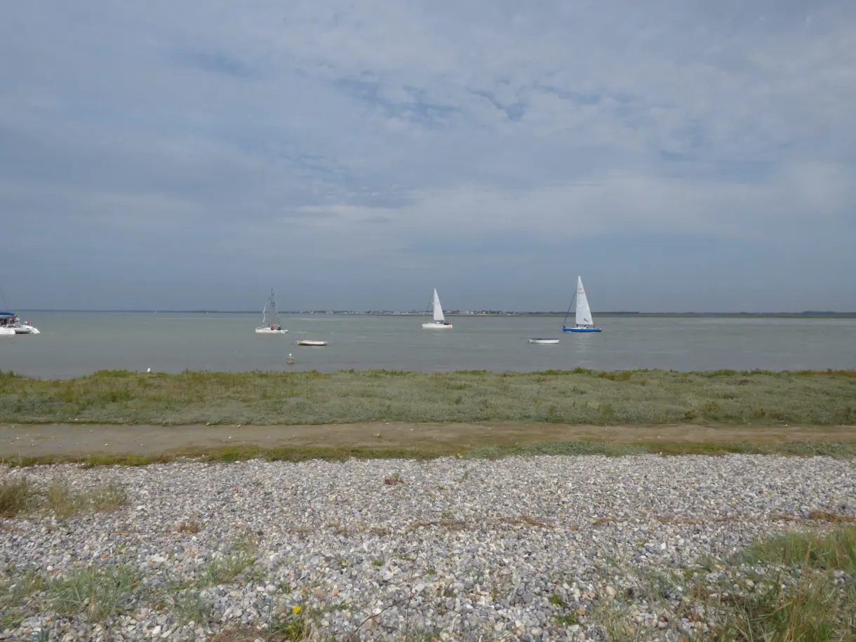 Voiliers au large au-dessus d'un estran de galets