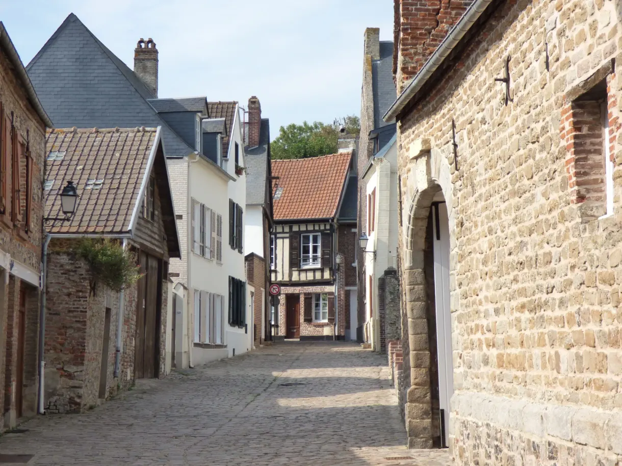 Rue pavée en pente bordée de maisons de brique et de colombages